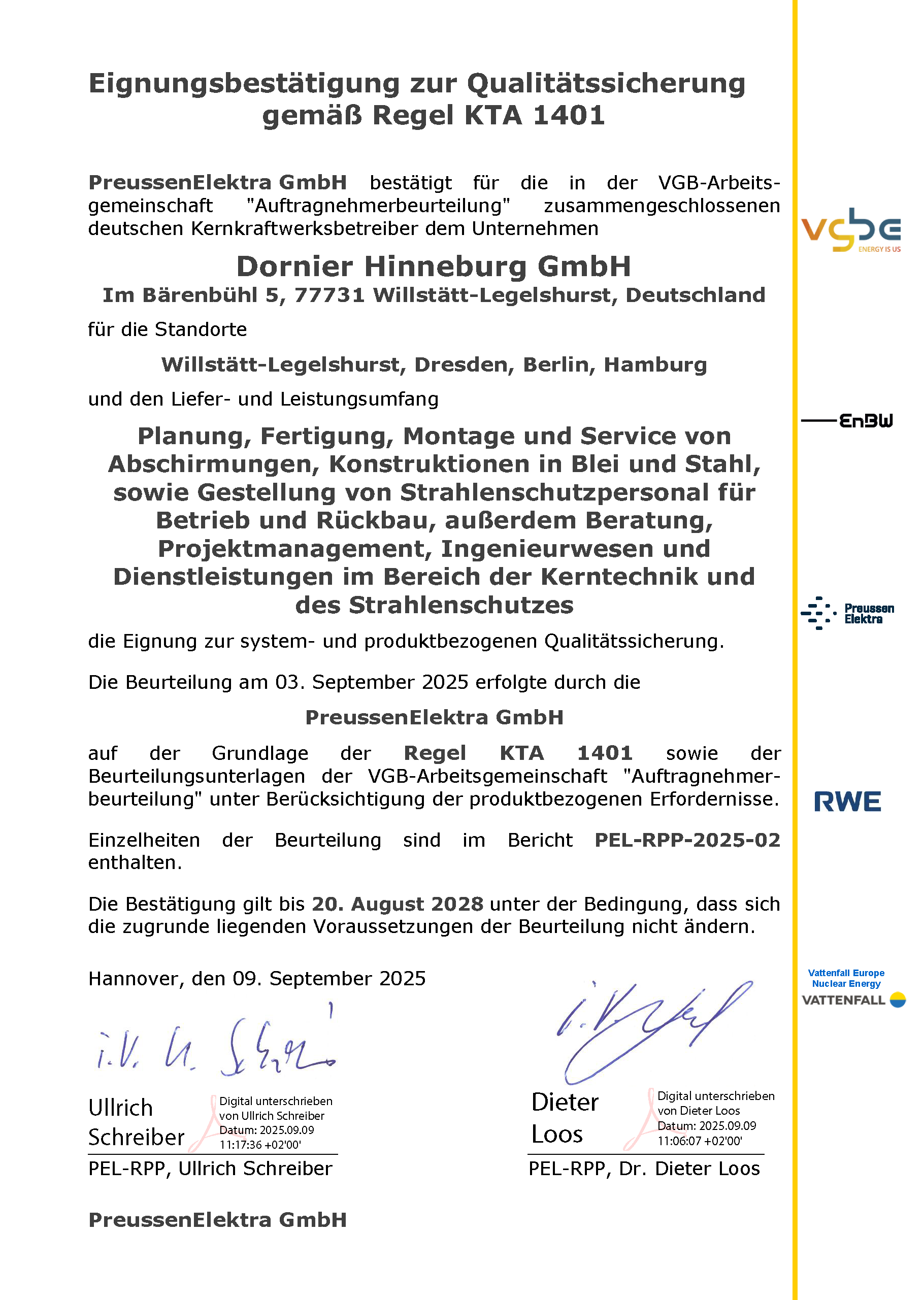 Zertifizierungen 1 Eignungsbestaetigung gemaess Regel KTA 1401