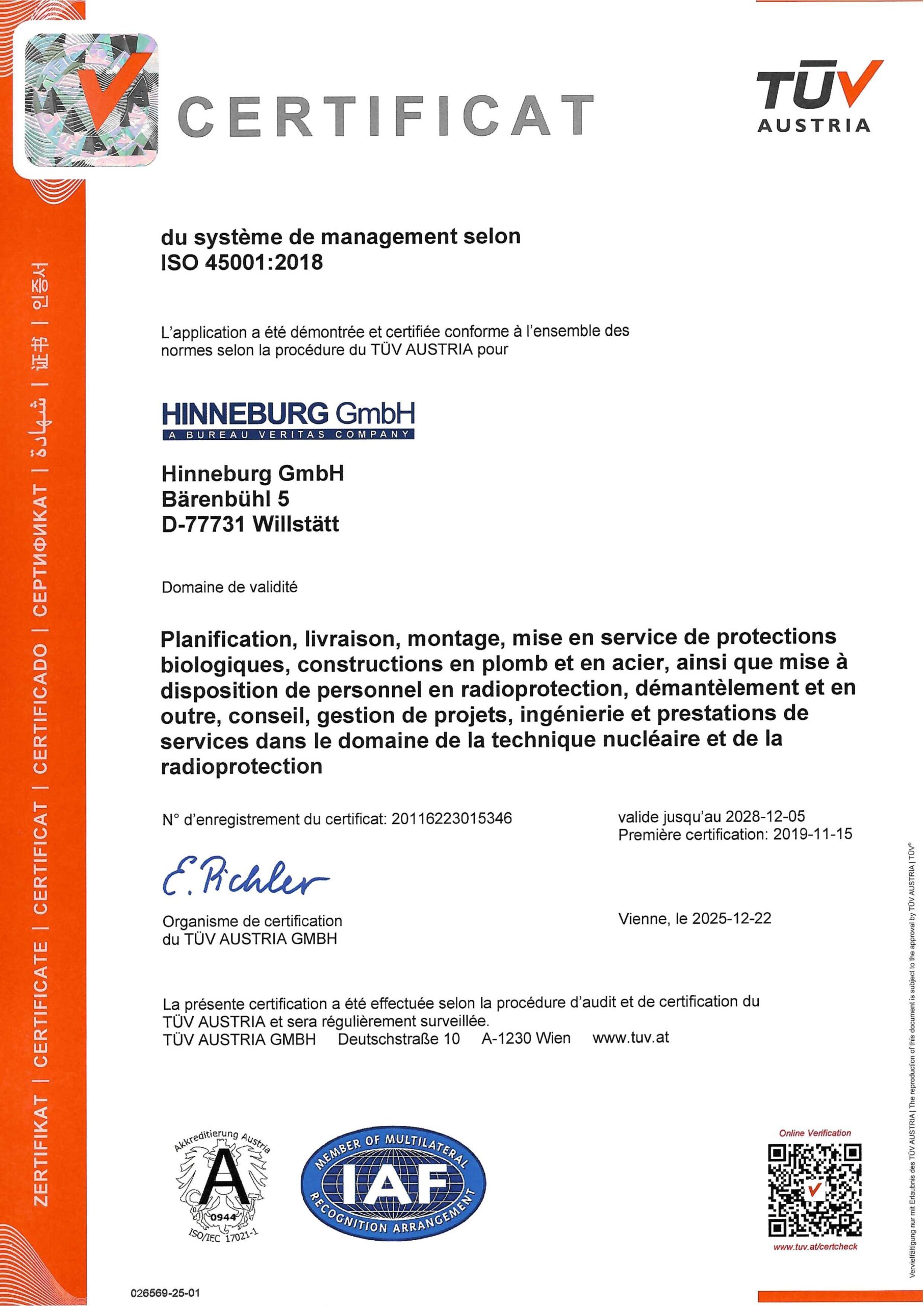 Certifications 4 25 12 22 TUeV Austria ISO 45001 2025 fr 1