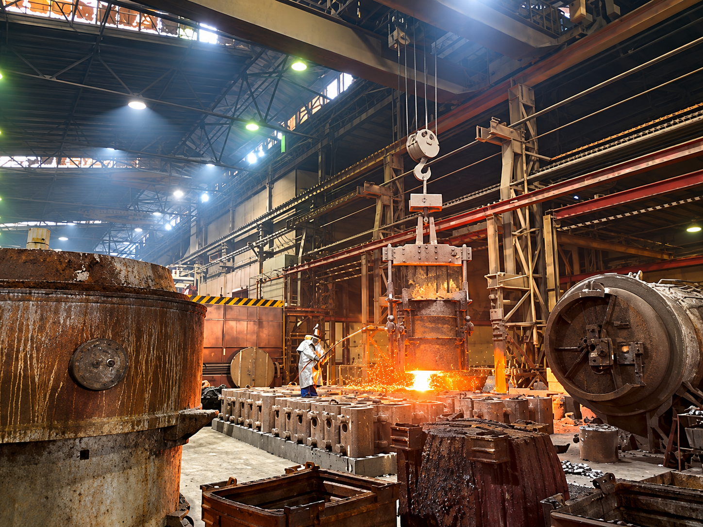 Giesshalle mit gluehendem Metallstrom